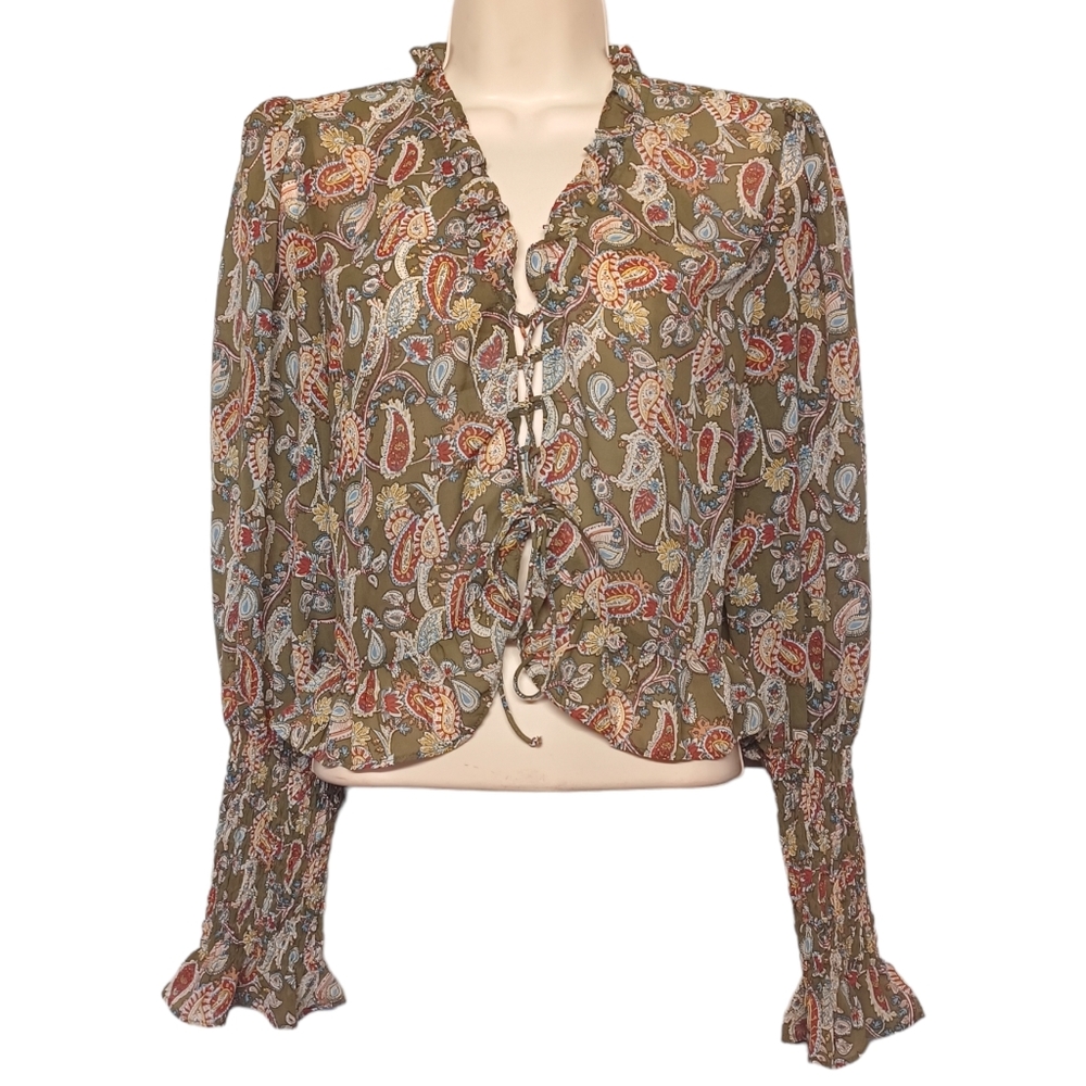 MILK & HONEY Green Colorful Paisley Floral Print Semi Sheer Lace Up Top Small